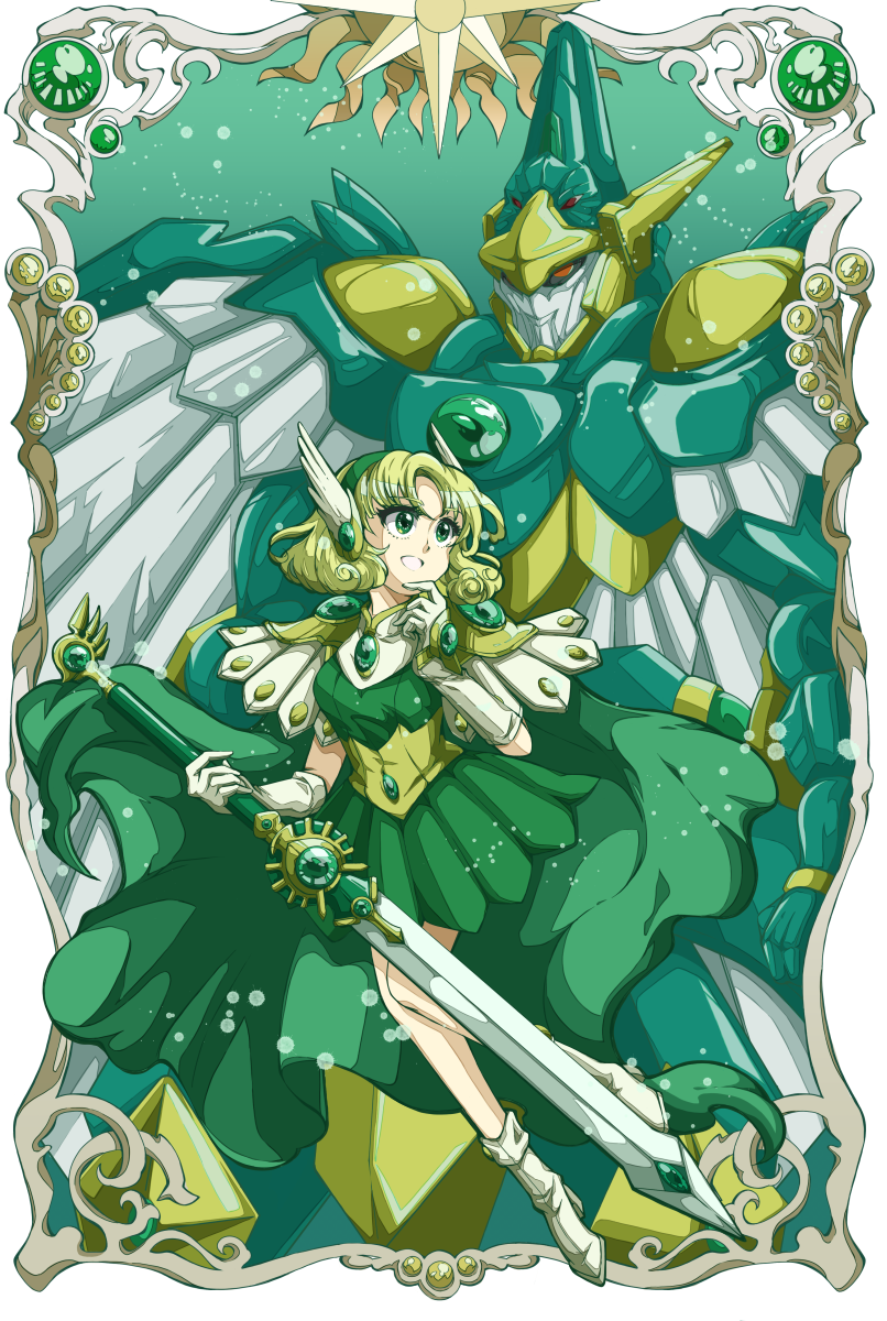 1girl, ame_(tameste), armor, armored_dress, blonde_hair, cape, dress, gem
