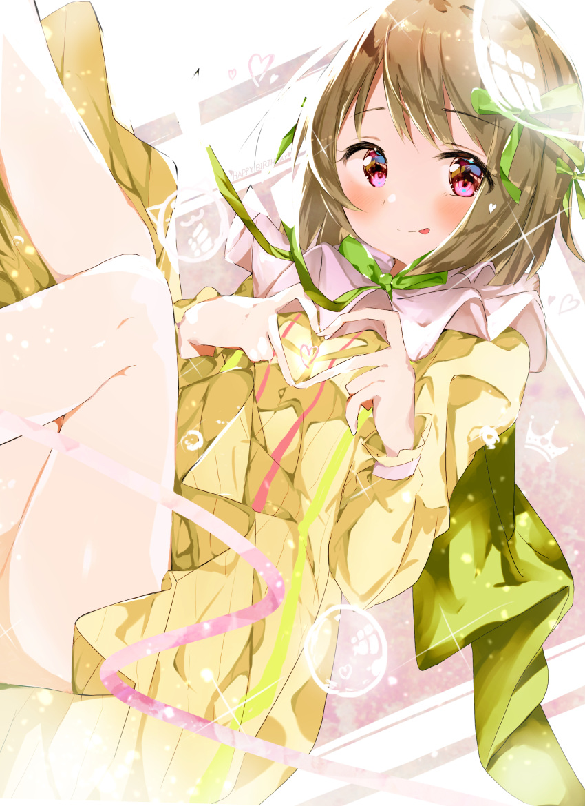 absurdres, asymmetrical_hair, back_bow, bob_cut, bow, brown_hair, dress, green_bow