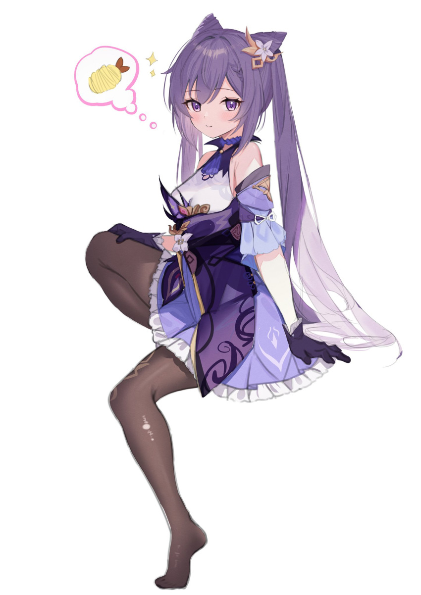 1girl, arurire, bare_shoulders, blush, breasts, double_bun, dress, feet, flower, food, full_body, genshin_impact, gloves, hair_bun, hair_flower, hair_ornament, highres, keqing_(genshin_impact), pantyhose, purple_hair, shrimp, simple_background, solo, thought_bubble, twintails, violet_eyes, white_background