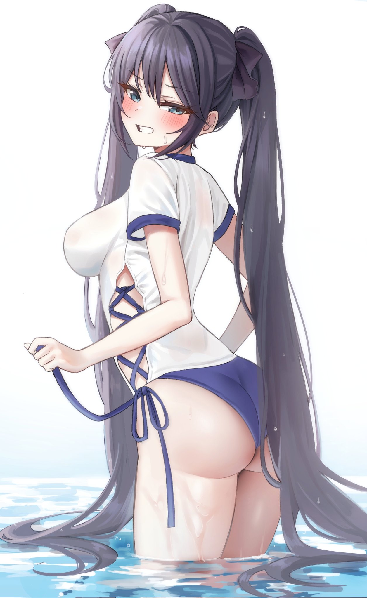 1girl, ass, biya_(1024), black_ribbon, blue_eyes, blush, breasts, eyebrows_visible_through_hair