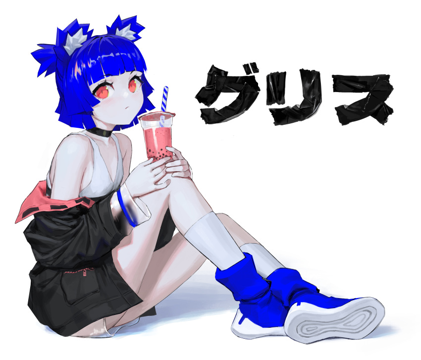 1girl, absurdres, animal_ears, blue_footwear, blue_hair, bubble_tea, choker, full_body