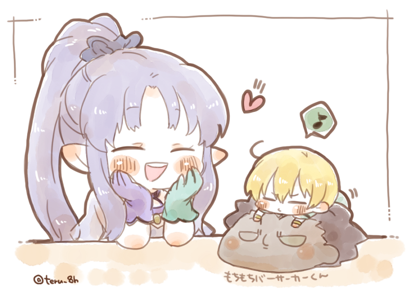 1girl, 2boys, blonde_hair, blue_hair, capelet, closed_eyes, dress, earrings, eighth_note, fate/grand_order, fate_(series), heart, heracles_(fate), jason_(fate), jewelry, long_hair, medea_(lily)_(fate), messy_hair, multiple_boys, musical_note, pointy_ears, ponytail, see-through, short_hair, spoken_musical_note, strapless, strapless_dress, teru810, translated