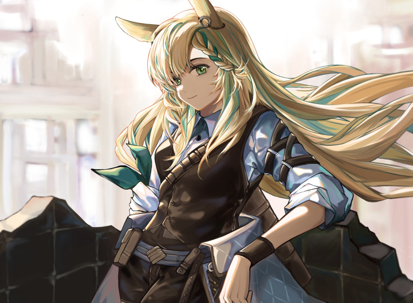 1girl, alternate_costume, animal_ears, aqua_hair, arknights, backlighting, bag, black_vest