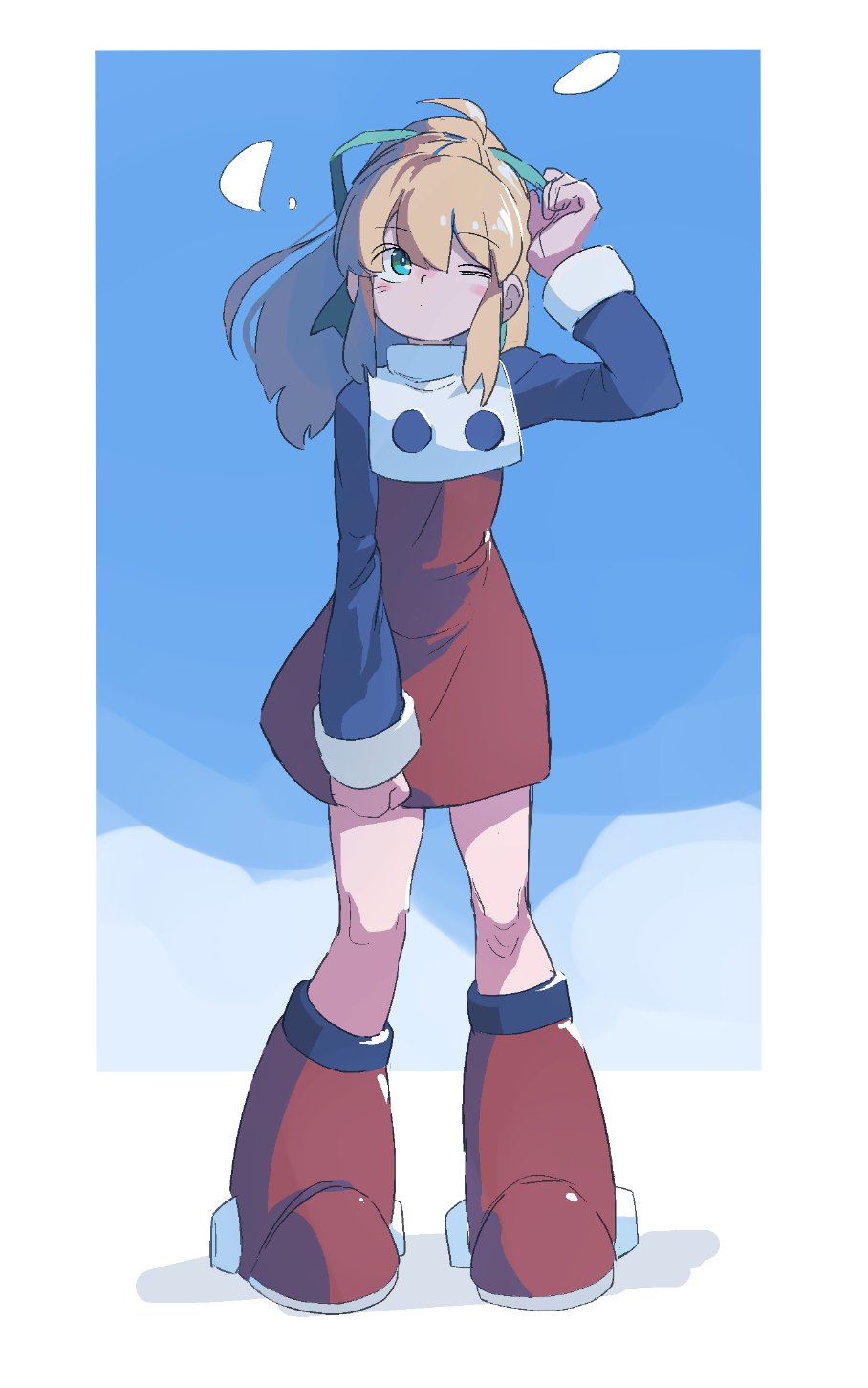 1girl, android, bangs, blonde_hair, boots, closed_mouth, dress, eyebrows_visible_through_hair, green_eyes, green_ribbon, hair_ribbon, highres, long_hair, mega_man_(series), ponytail, ribbon, roll_(mega_man), sidelocks, solo, takamiyadaira, wince