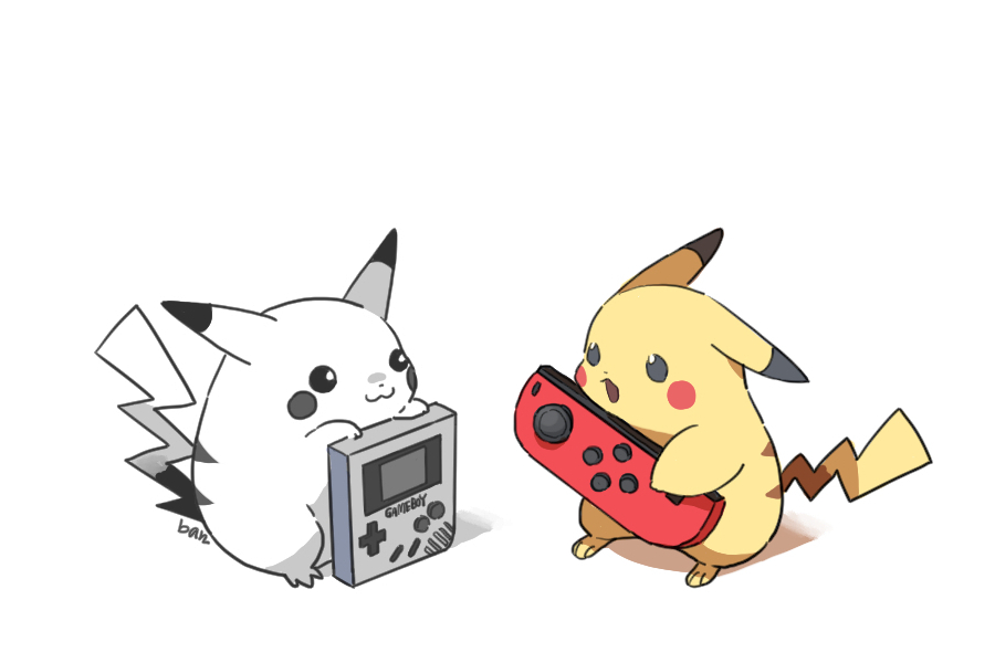 2others, :3, artist_request, creatures_(company), dual_persona, game_boy, game_boy_(original), game_freak, handheld_game_console, joy-con, looking_at_another, multiple_others, nintendo, no_humans, partially_colored, pikachu, pokemon, pokemon_(creature), pokemon_(game), pokemon_lgpe, pokemon_yellow, signature, simple_background, source_request, standing, time_paradox, white_background