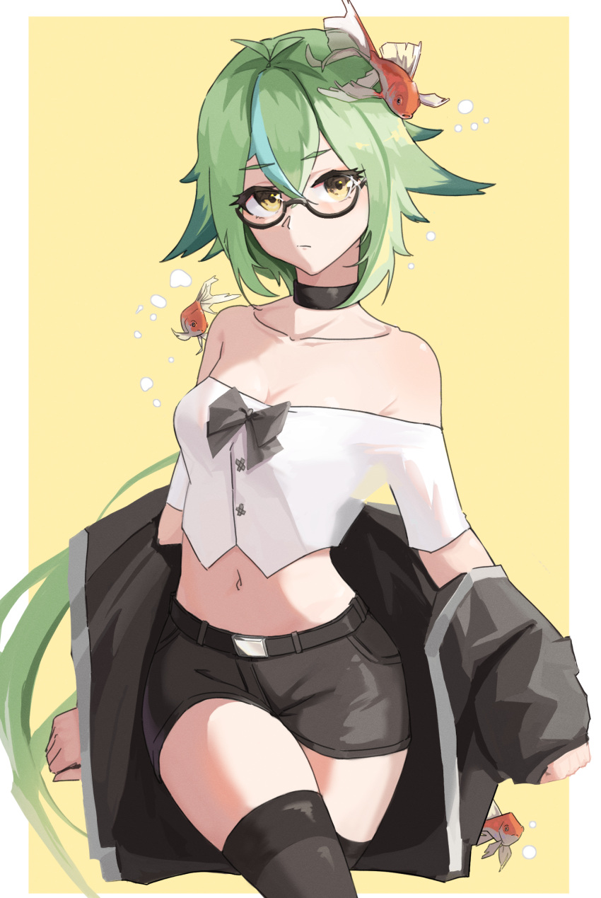 1girl, bangs, bare_shoulders, black-framed_eyewear, black_bow, black_choker, black_jacket, black_legwear, black_shorts, bow, choker, collarbone, cowboy_shot, crop_top, eyebrows_visible_through_hair, fish, genshin_impact, glasses, green_hair, hair_between_eyes, highres, jacket, long_hair, long_sleeves, looking_at_viewer, lycsakd, midriff, navel, off-shoulder_shirt, off_shoulder, shirt, short_shorts, short_sleeves, shorts, solo, standing, stomach, sucrose_(genshin_impact), thigh-highs, thighs, very_long_hair, white_shirt, yellow_eyes