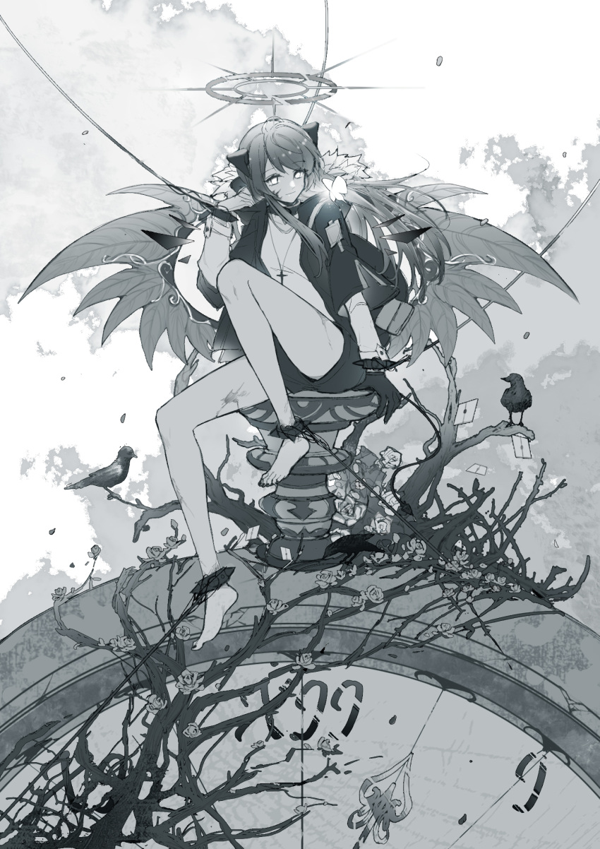 1girl, abstract_background, arknights, arm_support, bangs, bare_legs, bare_tree, barefoot, bird, black_coat, black_gloves, black_hair, black_nails, blood, blood_on_face, bug, butterfly, clock, coat, commentary, crow, empty_eyes, eyebrows_visible_through_hair, flower, fur_collar, gloves, grey_background, halo, highres, jewelry, letter, light_smile, long_hair, looking_afar, luren_max, monochrome, mostima_(arknights), nail_polish, necklace, restrained, rose, scar, scar_on_leg, short_sleeves, single_glove, sitting, sitting_on_clock, solo, tree, white_background, white_eyes, white_flower, white_rose, wings