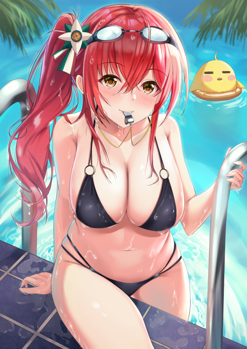 1girl, azur_lane, bikini, black_bikini, blowing_whistle, goggles, goggles_on_head, hair_ornament