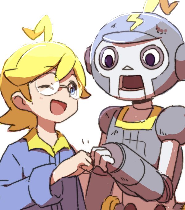 1boy, ;d, ahoge, bangs, blonde_hair, blush, clembot_(pokemon), clemont_(pokemon)