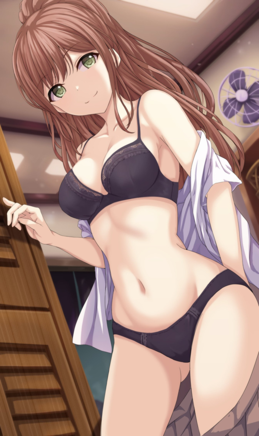 1girl, ass_visible_through_thighs, bang_dream!, bare_shoulders, black_bra, black_panties, bra, breasts