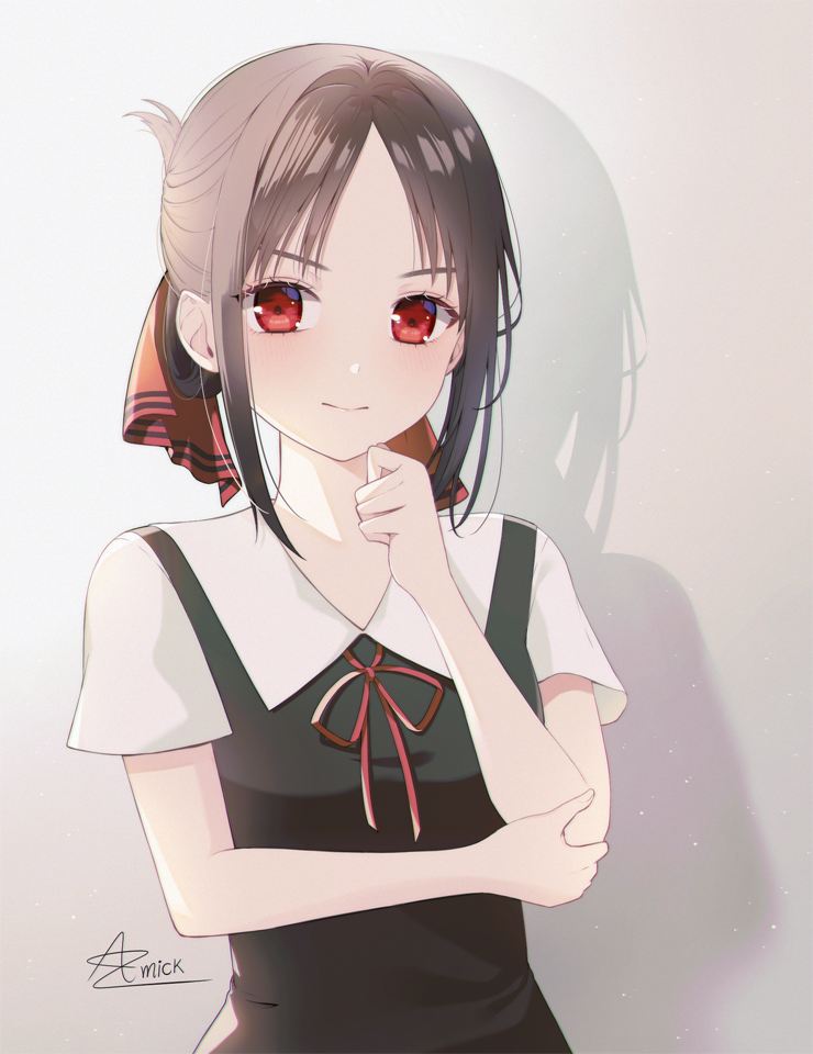 1girl, amick_(americanomix), bangs, black_ribbon, black_shirt, brown_hair, closed_mouth, grey_background