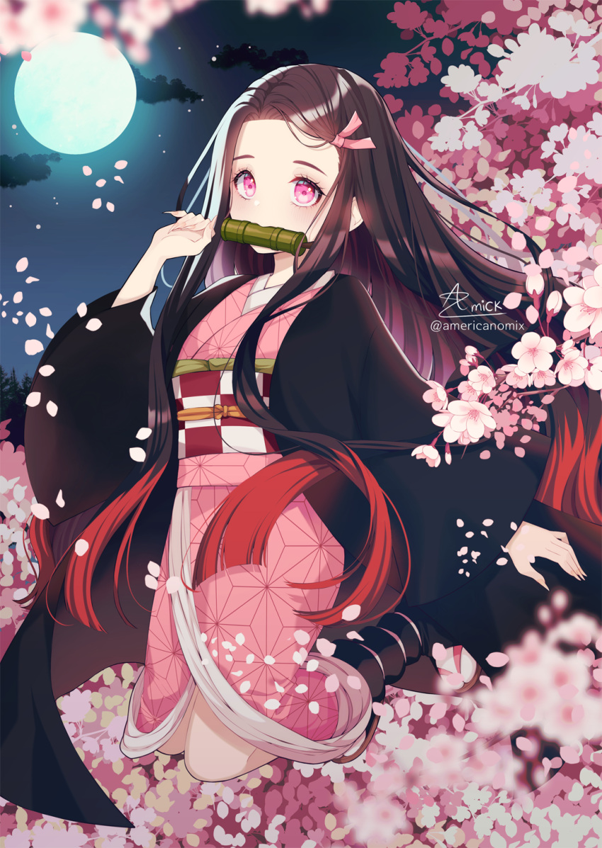 1girl, amick_(americanomix), bit_gag, black_hair, black_legwear, blurry, blurry_foreground, cherry_blossoms