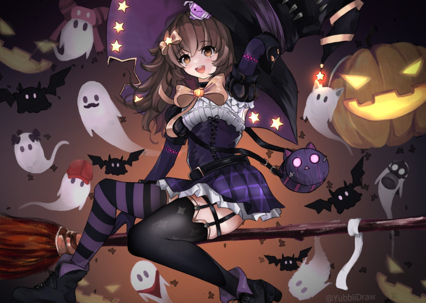 1girl, alternate_costume, asymmetrical_legwear, bat, blob, broom, broom_riding, brown_eyes