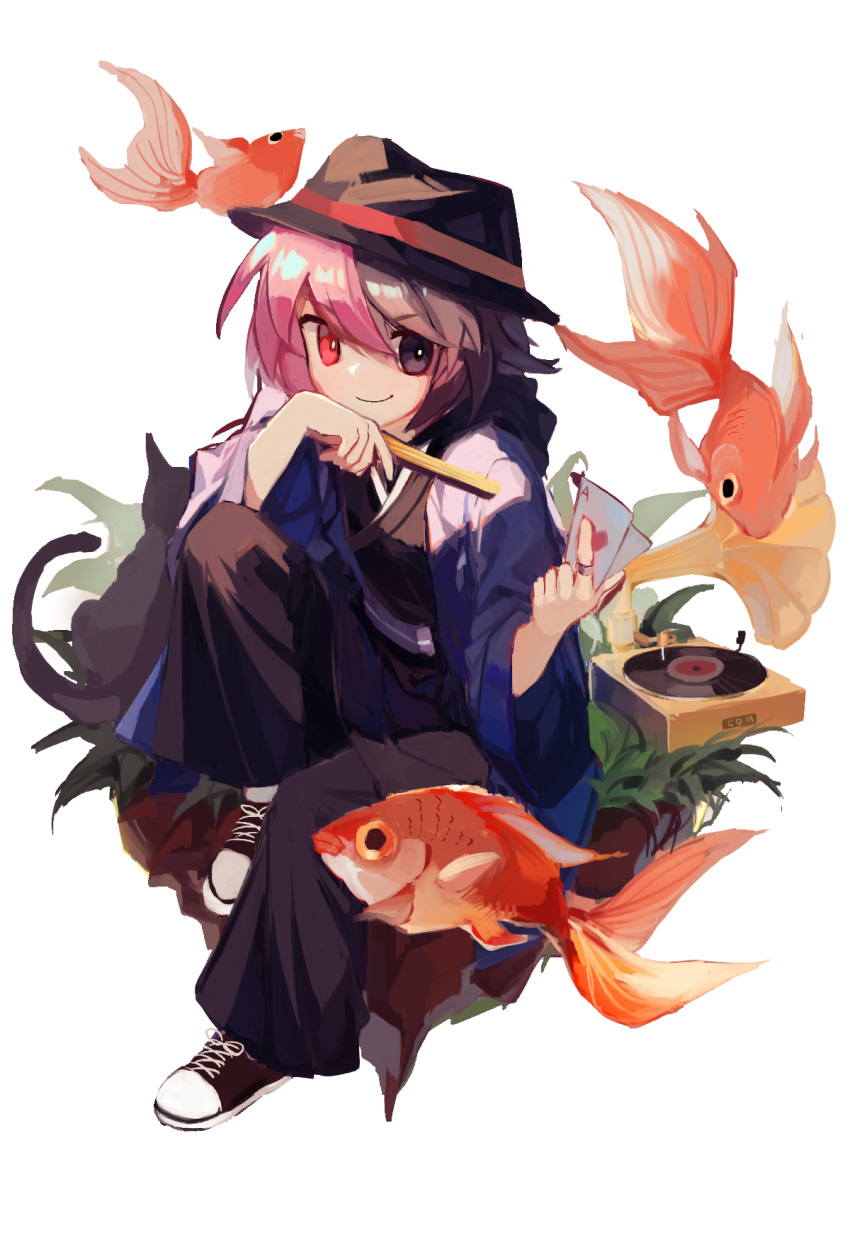 >:), 1boy, black_cat, black_hair, black_headwear, bright_pupils, card, cat