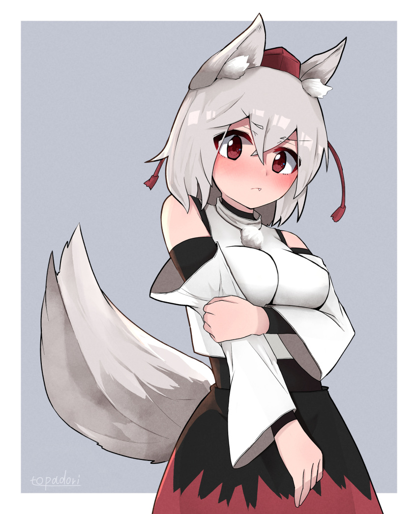 1girl, absurdres, animal_ears, arm_under_breasts, bare_shoulders, black_skirt, blush, breasts