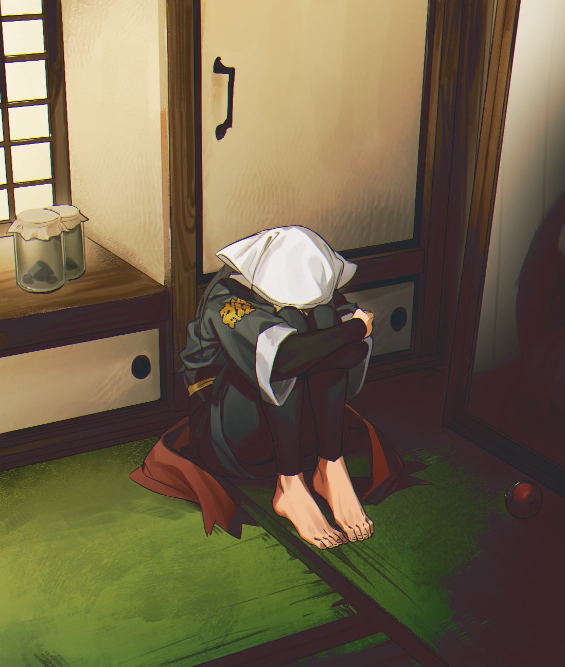 1girl, akari_(pokemon), barefoot, black_hair, black_legwear, black_sash, black_shirt, commentary_request, grey_jacket, grey_skirt, head_down, head_scarf, highres, hugging_own_legs, indoors, jacket, jar, leggings, logo, long_hair, pokemon, pokemon_(game), pokemon_legends:_arceus, red_scarf, sad, sash, scarf, scarf_removed, shirt, sitting, skirt, solo, tatami, toes, uhuhudayo505, white_headwear
