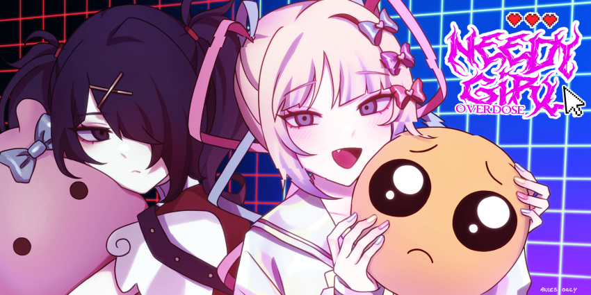 2girls, ame-chan_(needy_girl_overdose), anies_kouhai, black_hair, blue_hair, blue_nails, bow, chouzetsusaikawa_tenshi-chan