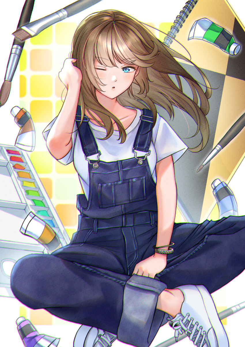 1girl, absurdres, bangs, blush, breasts, brown_hair, hand_in_hair, highres
