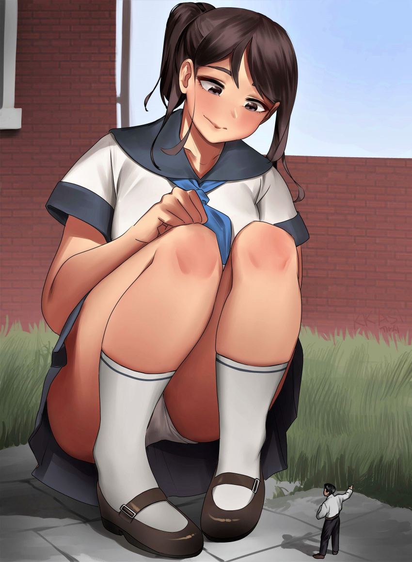 1boy, 1girl, absurdres, blue_skirt, brick_wall, brown_eyes, brown_hair, giant, giantess, grass, hand_on_own_knee, highres, kkasi00, mary_janes, miniboy, original, panties, pantyshot, ponytail, school_uniform, serafuku, shirt, shoes, sidelocks, size_difference, skirt, smile, socks, squatting, underwear, white_panties, white_shirt