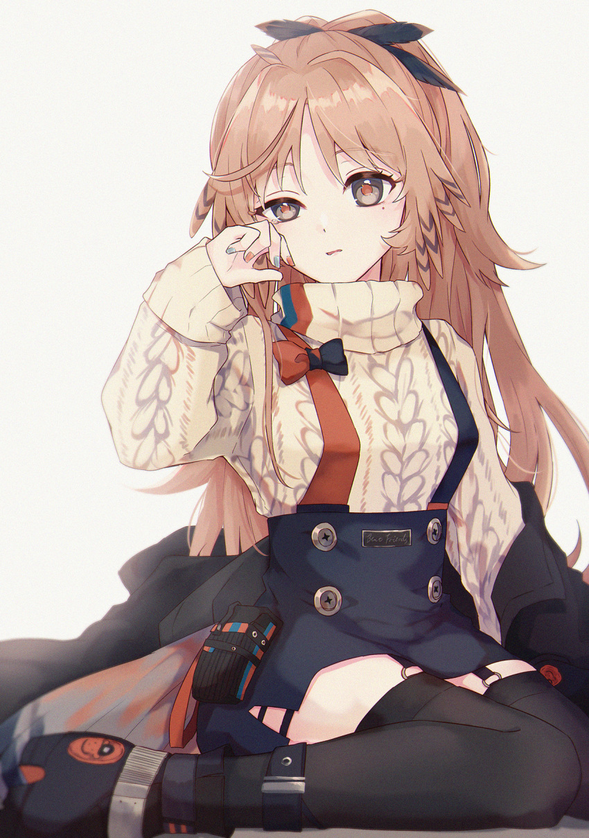 1girl, ankle_boots, aran_sweater, arknights, bangs, black_footwear, black_legwear, black_skirt