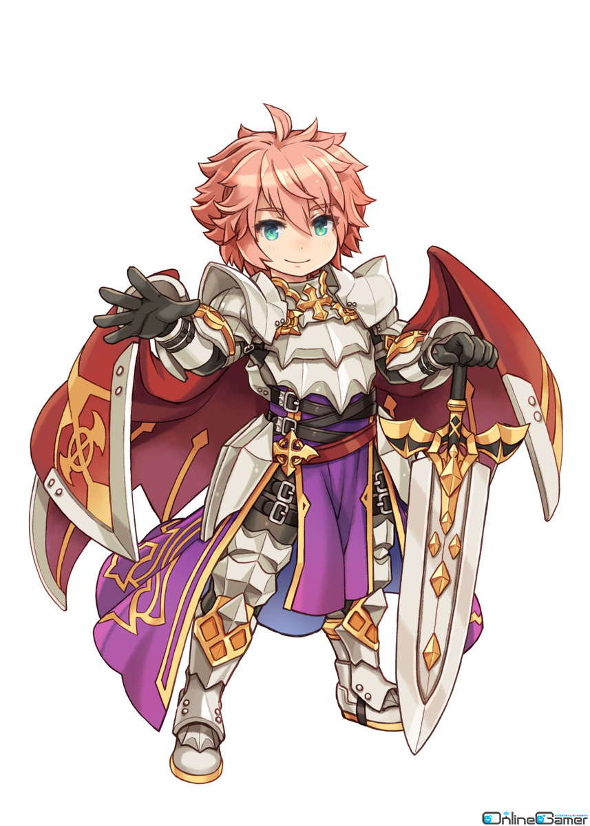 1boy, armor, armored_boots, bangs, black_bodysuit, black_gloves, black_pants, blue_eyes, bodysuit, bodysuit_under_clothes, boots, breastplate, closed_mouth, coat, commentary_request, dragon_knight_(ragnarok_online), eyebrows_visible_through_hair, full_body, gloves, hair_between_eyes, highres, holding, holding_sword, holding_weapon, looking_at_viewer, male_focus, pants, pauldrons, pink_hair, purple_coat, ragnarok_online, red_wings, shigatake, short_hair, shoulder_armor, simple_background, smile, solo, standing, sword, tabard, thigh_strap, vambraces, weapon, white_background, wings