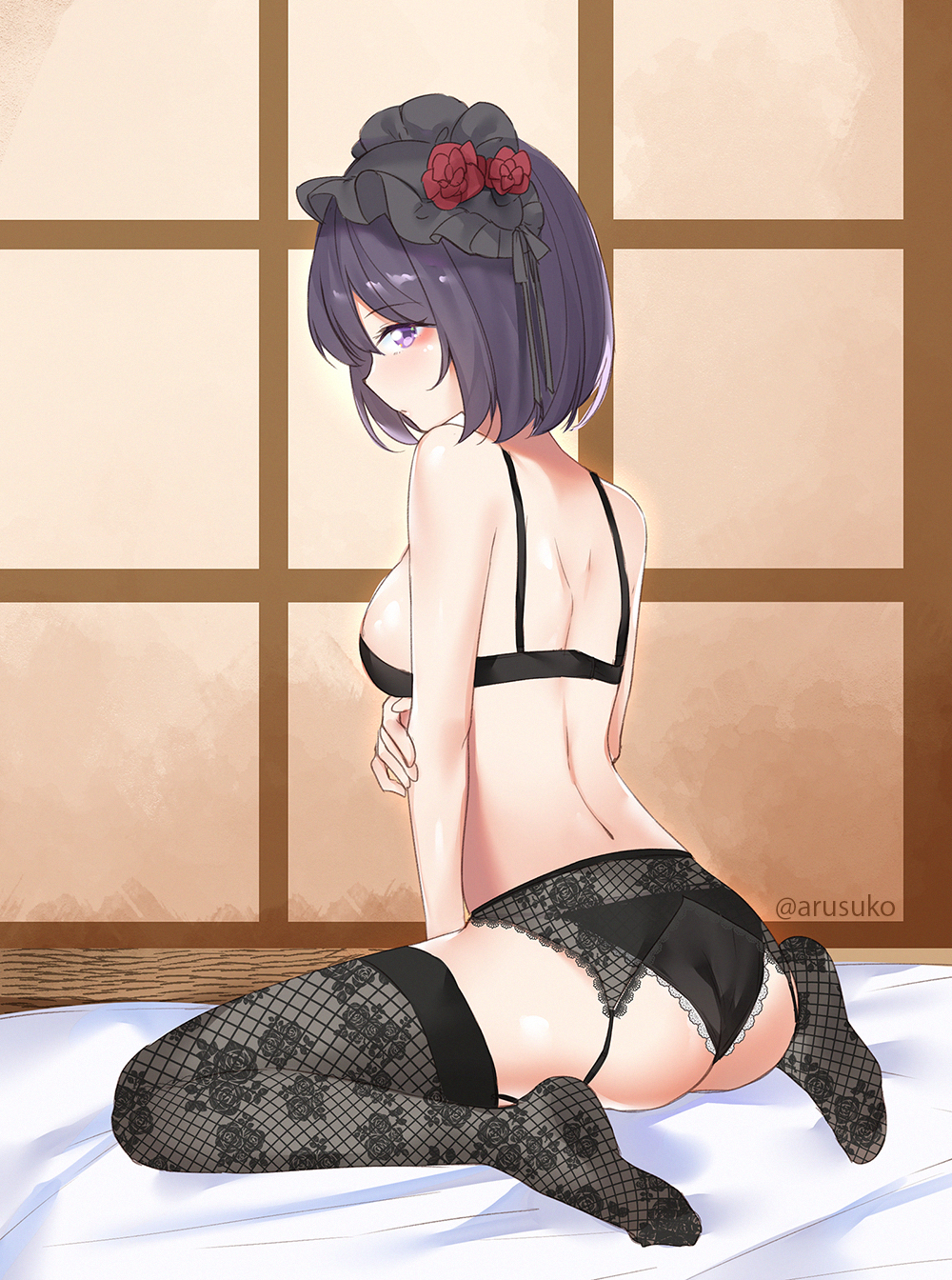 1girl, arusuko, ass, back, bangs, black_legwear, black_nails, black_panties
