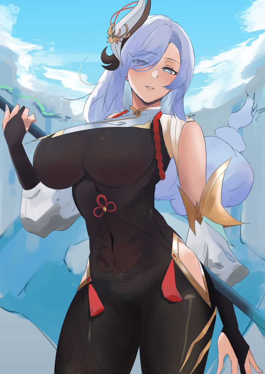 1girl, absurdres, aya_roushi, bangs, black_gloves, blue_eyes, blue_sky, blush, bodysuit, braid, braided_ponytail, breasts, cliff, clothing_cutout, covered_navel, elbow_gloves, genshin_impact, gloves, hair_ornament, hair_over_one_eye, highres, hip_vent, large_breasts, long_hair, long_sleeves, looking_at_viewer, parted_lips, partially_fingerless_gloves, polearm, puffy_long_sleeves, puffy_sleeves, shenhe_(genshin_impact), shoulder_cutout, silver_hair, sky, solo, spear, tabard, tassel, thighs, very_long_hair, weapon