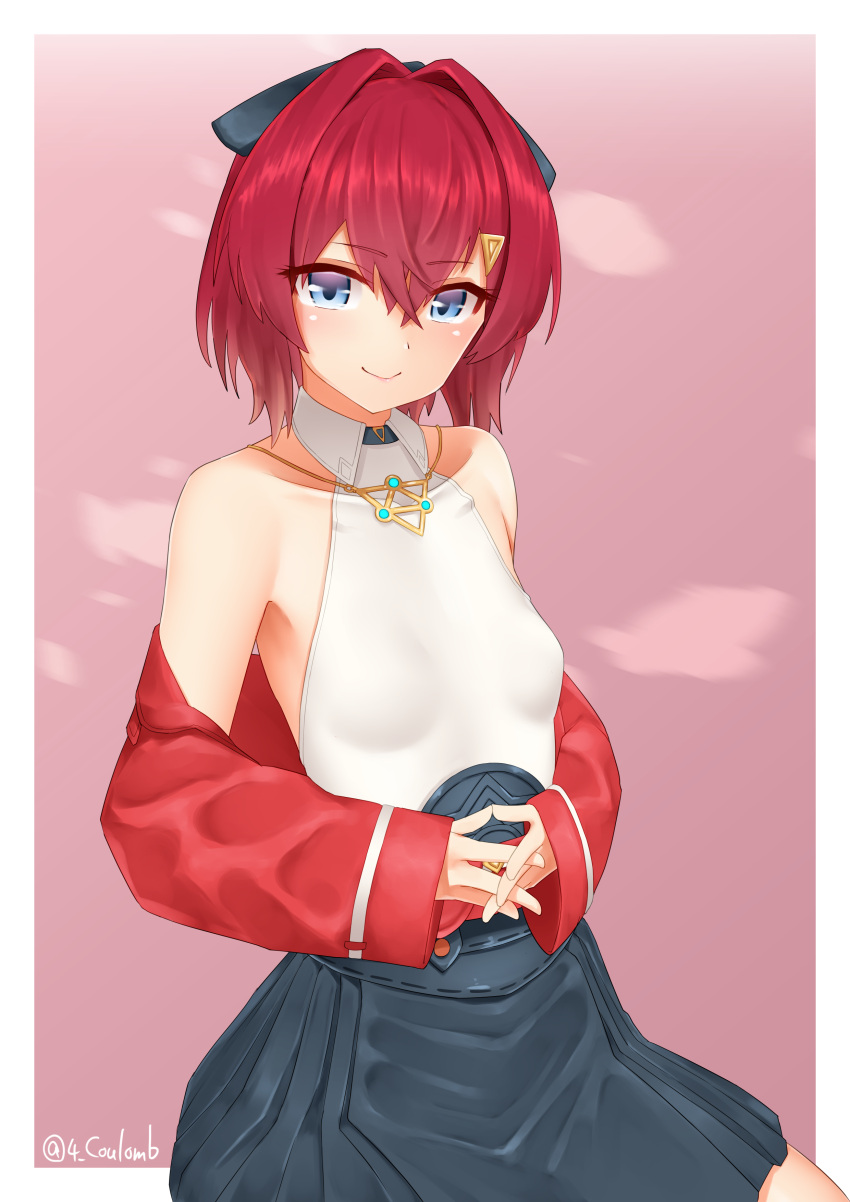 1girl, absurdres, ange_katrina, black_skirt, blue_eyes, blush, border, bow