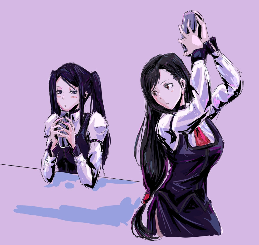 2girls, bartender, black_hair, blush, chika_(keiin), cocktail_shaker, cosplay, crossover