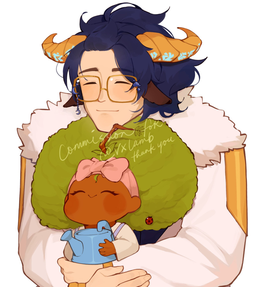 animal_ears, blue_hair, bug, child, closed_eyes, commission, glasses, goat_horns