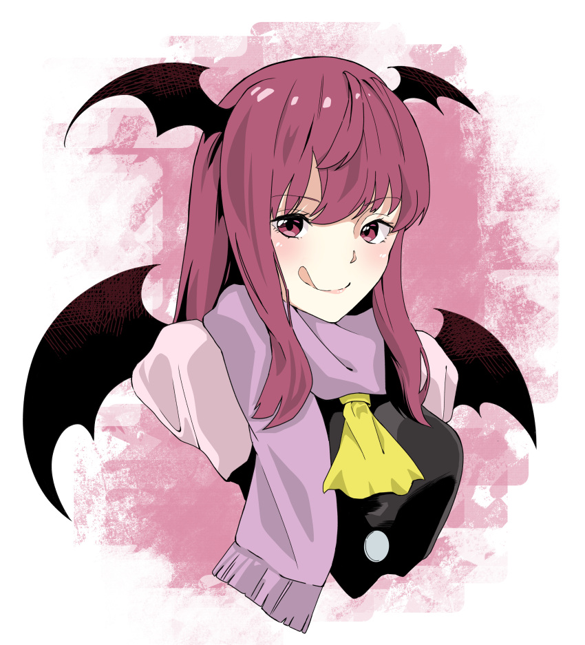 1girl, :q, absurdres, ascot, bangs, bat_wings, breasts, buttons
