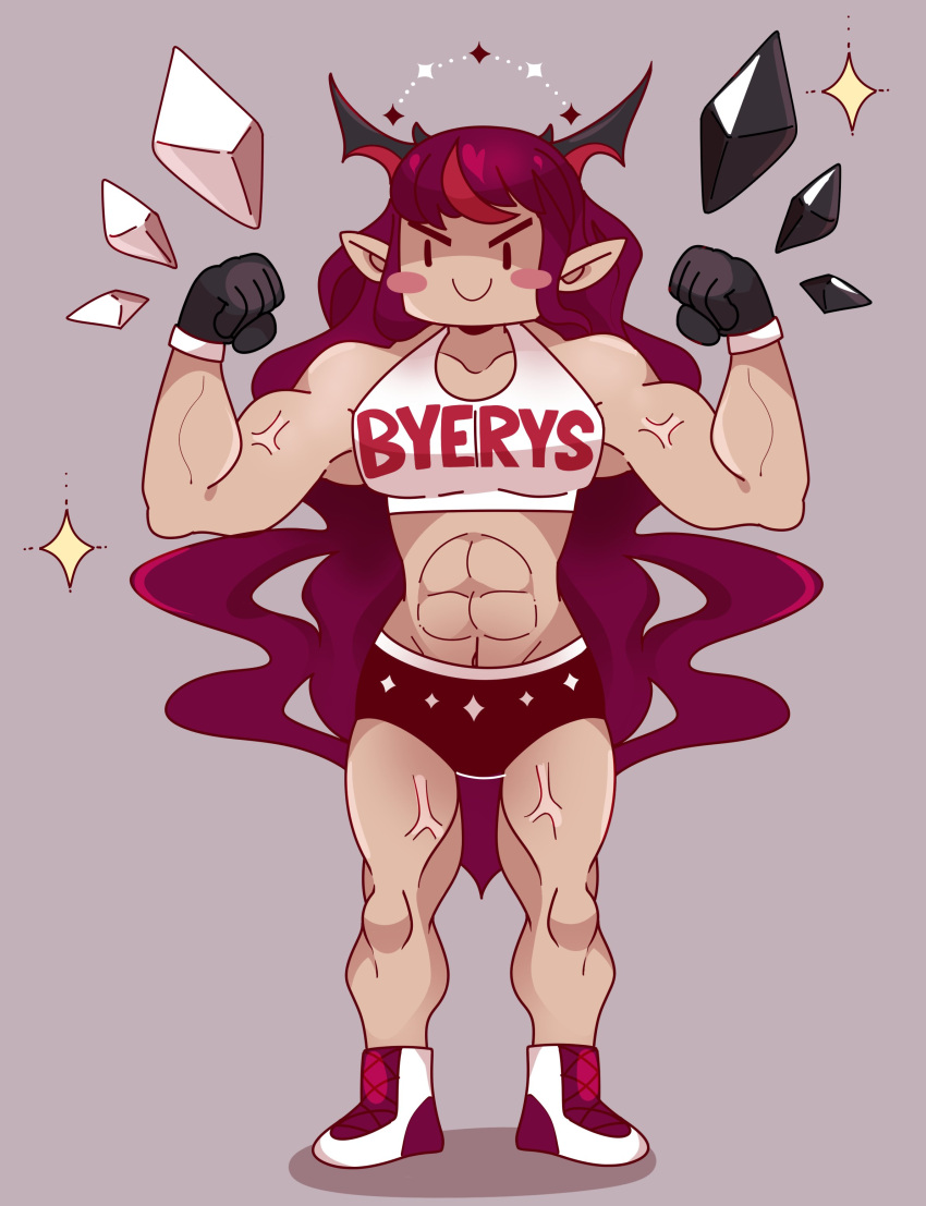 >:), 1girl, abs, absurdres, bangs, blush_stickers, boots, buruma
