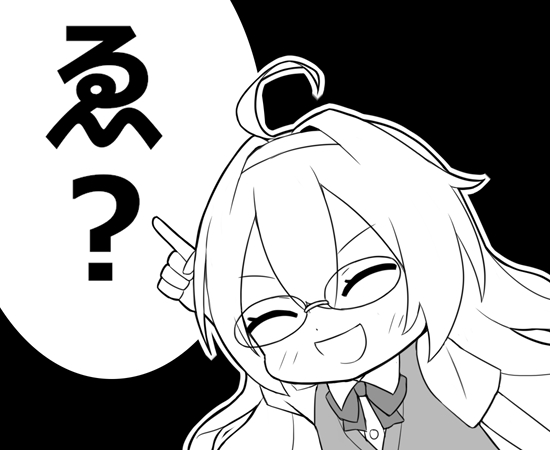 1girl, ahoge, alternate_costume, bow, bowtie, duel_monster, glasses, greyscale, monochrome, shun_no_shun, solo, turing_love, witchcrafter_genni, yu-gi-oh!