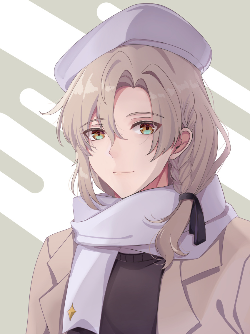 1boy, absurdres, androgynous, beret, blue_eyes, bow, braid, brown_hair