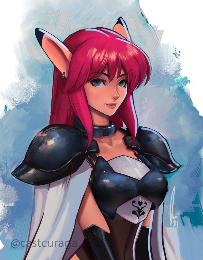 1girl, armor, breastplate, breasts, closed_mouth, covered_navel, earrings, fal_(phantasy_star)