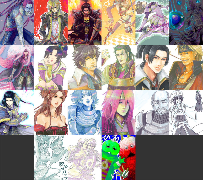 akechi_mitsuhide, armor, bald, bare_shoulders, bikini_top, black_hair, blonde_hair, brown_hair, character_request, date_masamune, earrings, fan, female, fuuma_kotarou, green_eyes, hat, headband, hojo_ujiyasu, inahime, ishida_mitsunari, kaihime, katou_kiyomasa, kunai, kunoichi_(sengoku_musou), kuroda_kanbei, long_hair, male, midriff, mori_ranmaru, mouri_motonari, naoe_kanetsugu, necklace, nikumon, oda_nobunaga, orange_hair, pipe, ponytail, red_hair, scarf, sengoku_musou, sengoku_musou_2, sengoku_musou_3, shima_sakon, short_hair, short_shorts, shorts, sword, tachibana_ginchiyo, takenaka_hanbei, thigh-highs, tiara, tokugawa_ieyasu