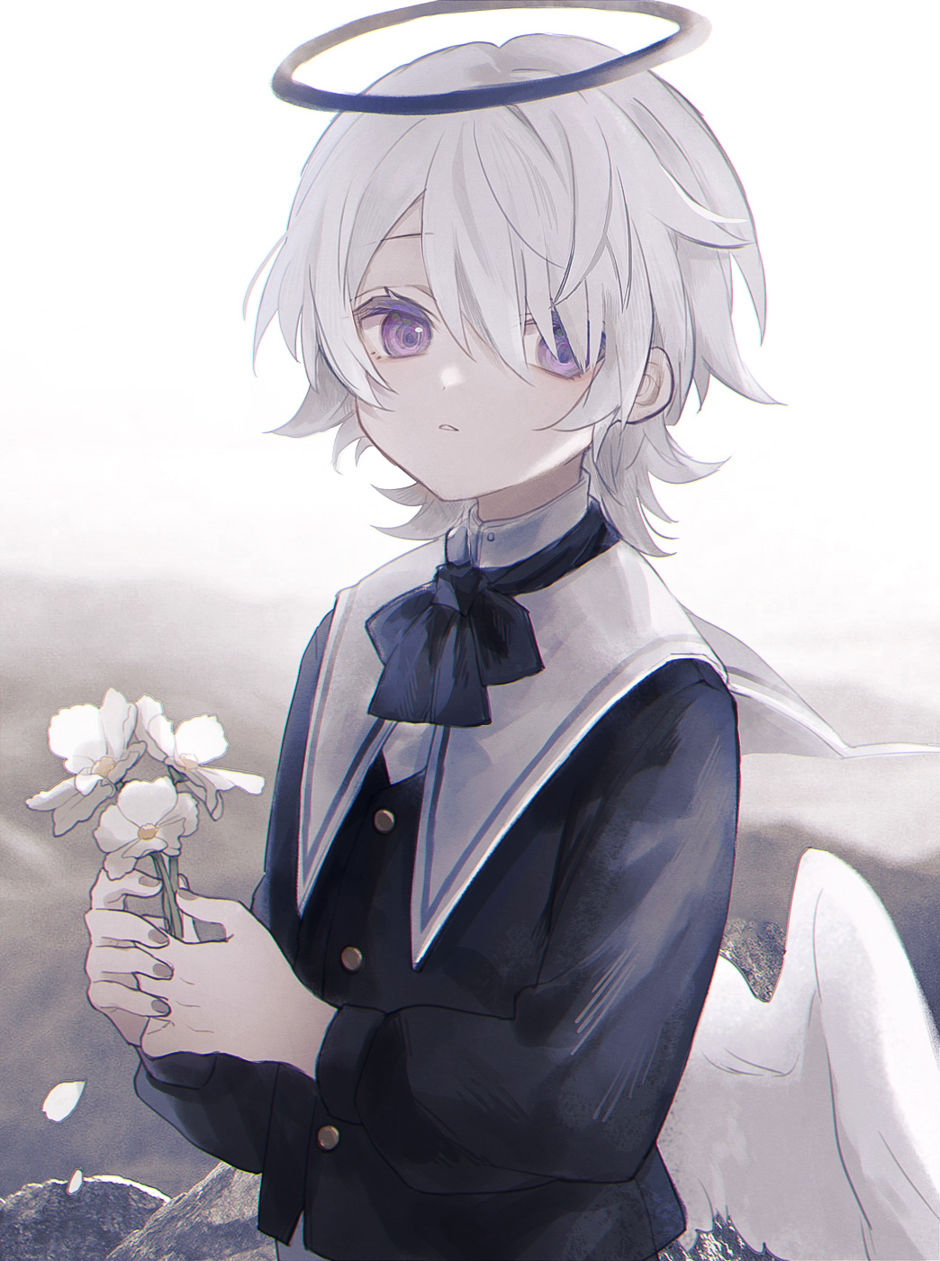 1boy, androgynous, angel, angel_wings, bouquet, duplicate, flower, formal