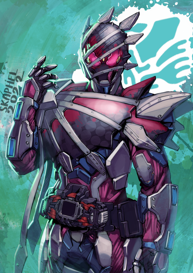 1boy, 2022, alternate_costume, alternate_form, artist_name, asymmetrical_armor, cowboy_shot, cropped_legs, dark_persona, demons_driver, english_commentary, giant_squid, giant_squid_genome, kamen_rider, kamen_rider_demons, kamen_rider_revice, looking_at_viewer, open_hand, pink_eyes, skaphel, splatter, splatter_print, tentacles