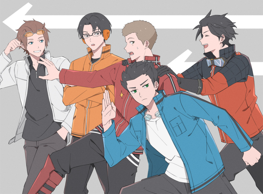 5boys, ^_^, arashiyama_jun, black_eyes, black_gloves, black_hair, black_pants, black_shirt