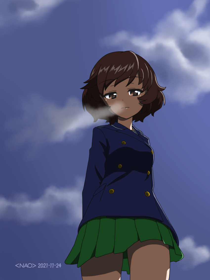 1girl, akiyama_yukari, arms_behind_back, artist_name, bangs, blue_jacket, blue_sky, breath