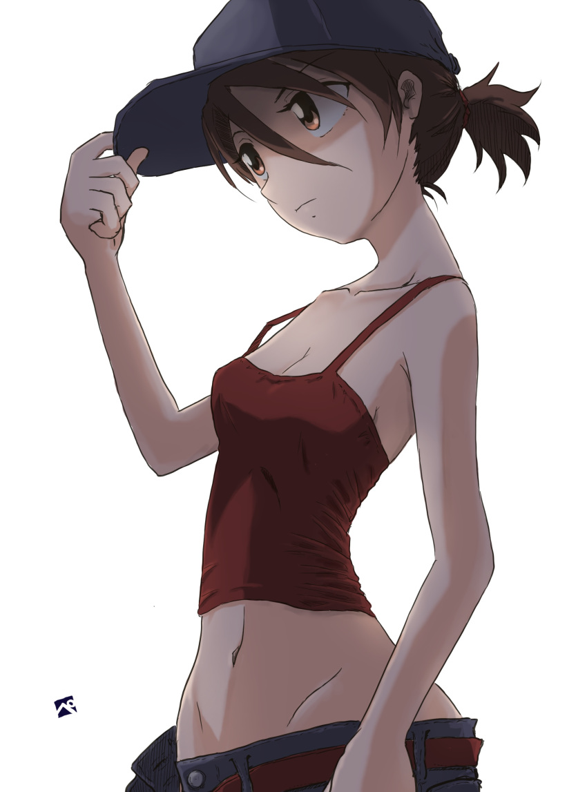 1girl, absurdres, adjusting_clothes, adjusting_headwear, artist_logo, bangs, baseball_cap, blue_headwear
