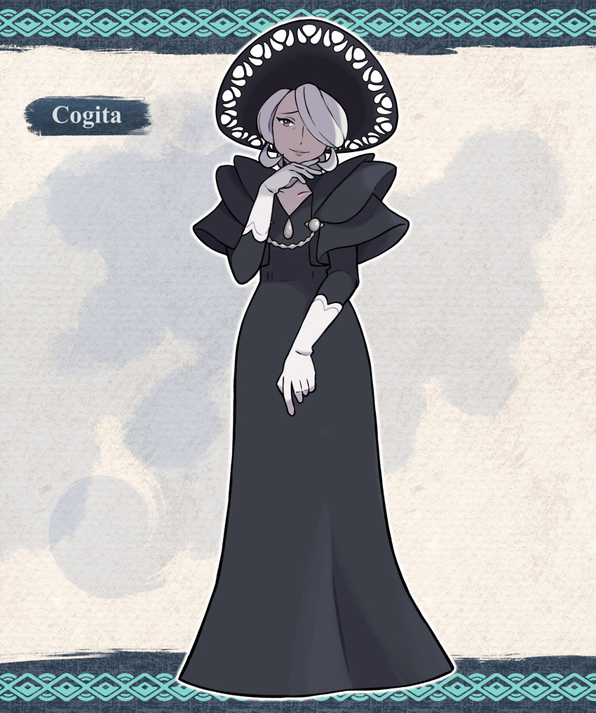 1girl, black_dress, character_name, cogita_(pokemon), collarbone, dreambig, dress, full_body