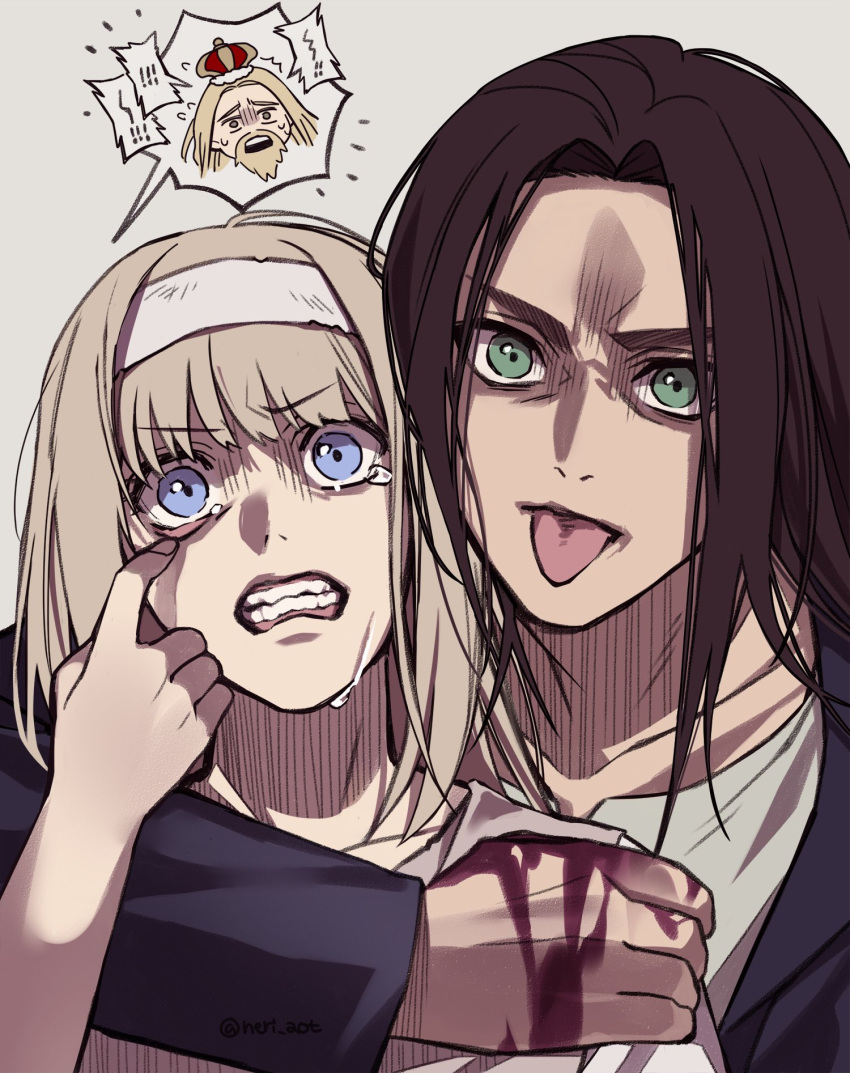 1girl, 2boys, black_hair, black_jacket, blonde_hair, blood, blood_on_hands, blue_eyes