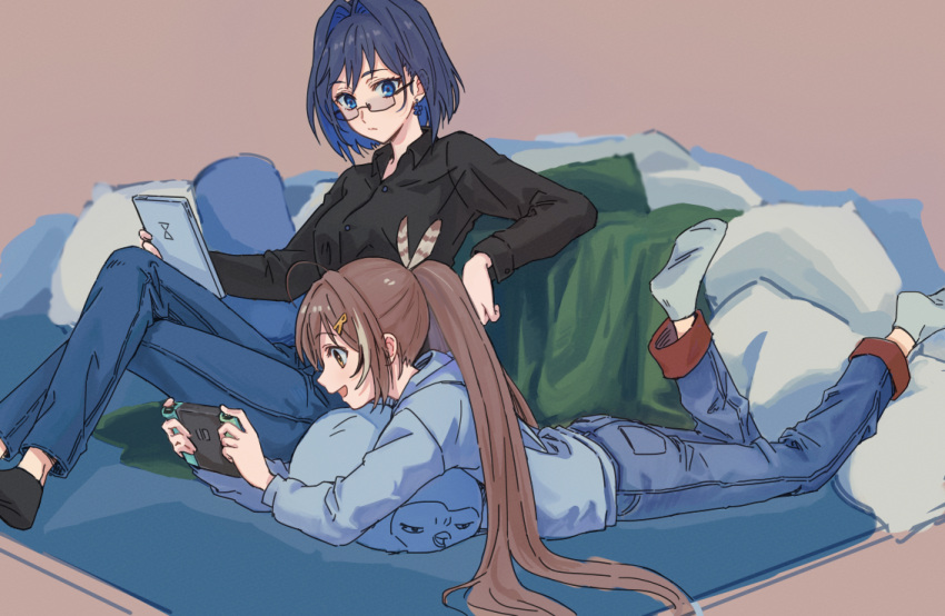 2girls, ahoge, bangs, bed, bed_sheet, bird, black_blouse, black_shirt