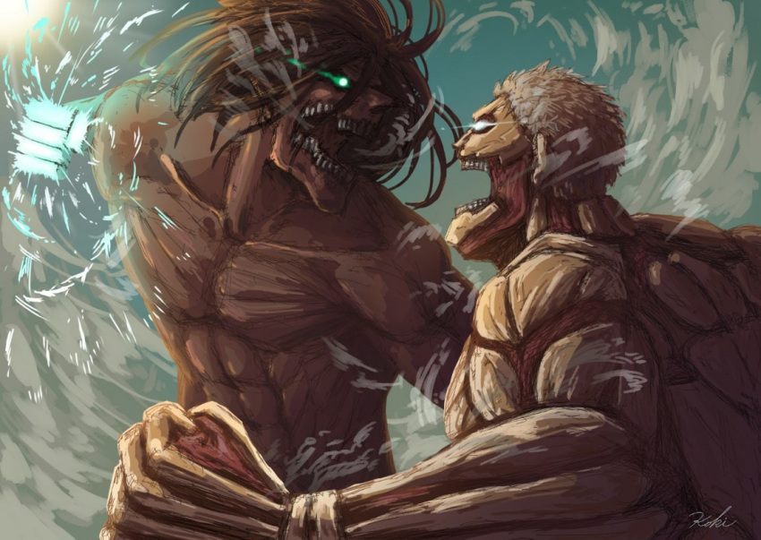 2boys, armored_titan, battle, black_hair, clenched_hand, eren_yeager, fighting, fighting_stance