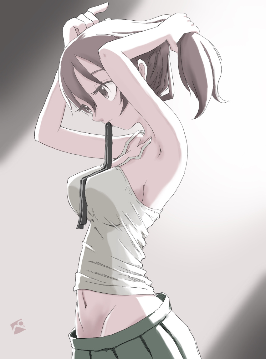 1girl, absurdres, armpits, arms_up, artist_logo, bangs, black_ribbon, breasts