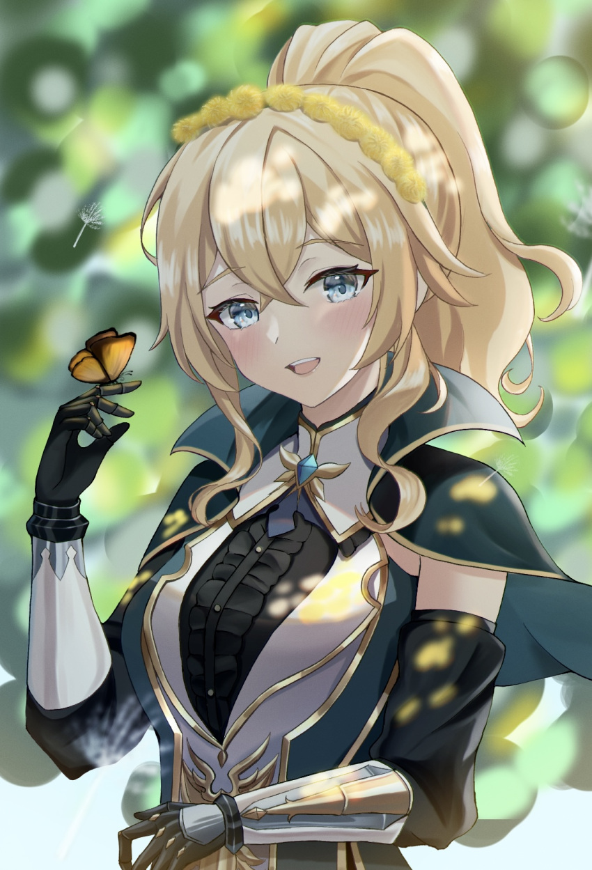 1girl, bangs, black_gloves, black_shirt, blonde_hair, blue_capelet, blue_eyes, bug, butterfly, butterfly_on_hand, capelet, caterpillar, center_frills, crossed_bangs, dandelion, flower, frills, genshin_impact, gloves, high_collar, high_ponytail, highres, jean_(genshin_impact), jean_(gunnhildr's_legacy)_(genshin_impact), long_hair, looking_at_viewer, official_alternate_costume, open_mouth, shirt, sidelocks, soukoku, soukoku_01