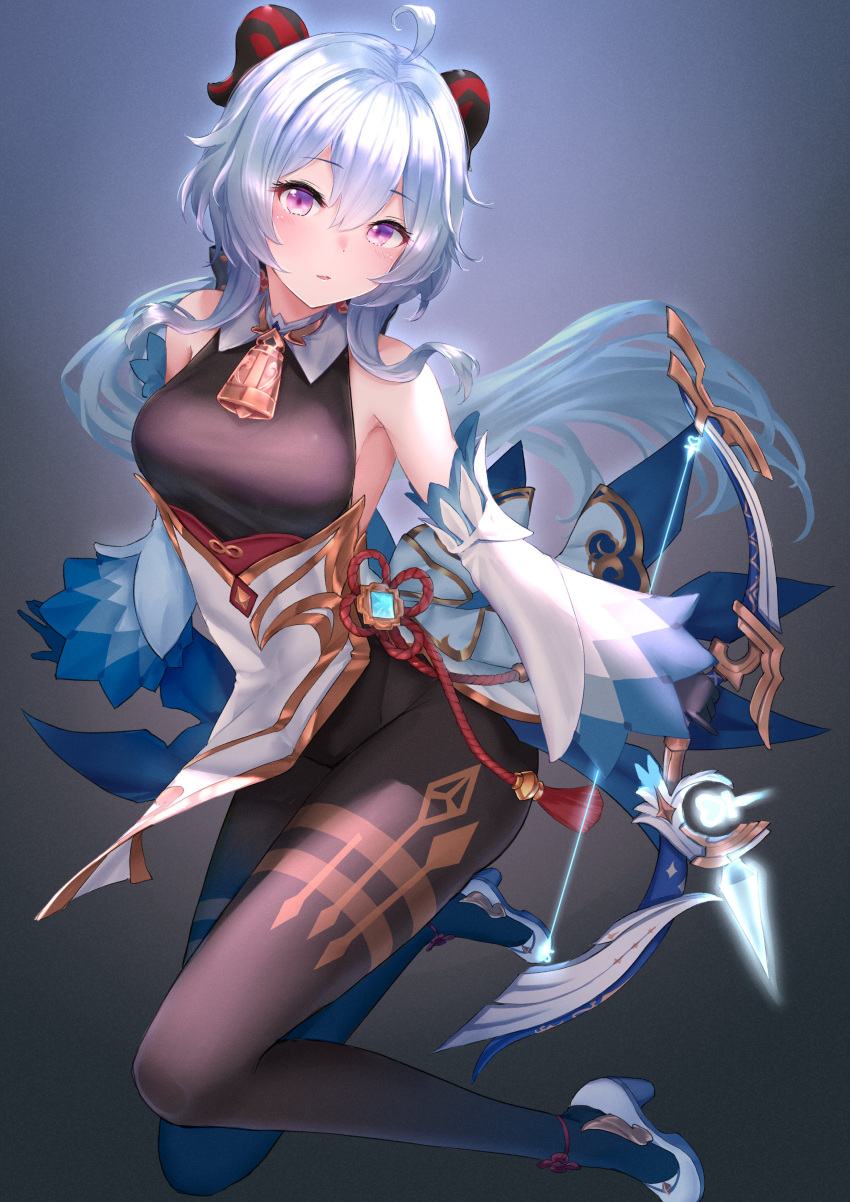 1girl, absurdres, ahoge, amos'_bow_(genshin_impact), bangs, bare_shoulders, bell, black_gloves, blue_hair, blush, bodystocking, bow_(weapon), breasts, brown_legwear, detached_sleeves, dress, elbow_gloves, ganyu_(genshin_impact), genshin_impact, gloves, highres, horns, kachayori, large_breasts, long_hair, looking_at_viewer, pantyhose, parted_lips, solo, thighs, violet_eyes, weapon, white_dress