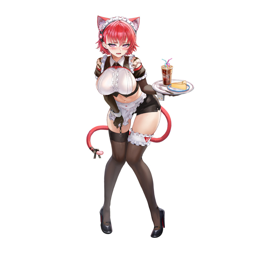 1girl, alternate_costume, animal_ears, bangs, black_gloves, black_legwear, blush, breasts, cat_ears, cat_tail, cleavage_cutout, clothing_cutout, drink, elbow_gloves, enmaided, fangs, food, fork, full_body, garter_straps, gloves, hair_between_eyes, high_heels, highres, janghwa_(last_origin), large_breasts, last_origin, looking_at_viewer, maid, maid_headdress, mole, mole_under_eye, navel, necktie, official_art, open_mouth, pie, redhead, short_hair, short_shorts, shorts, solo, tachi-e, tail, tattoo, thigh-highs, transparent_background, tray, violet_eyes