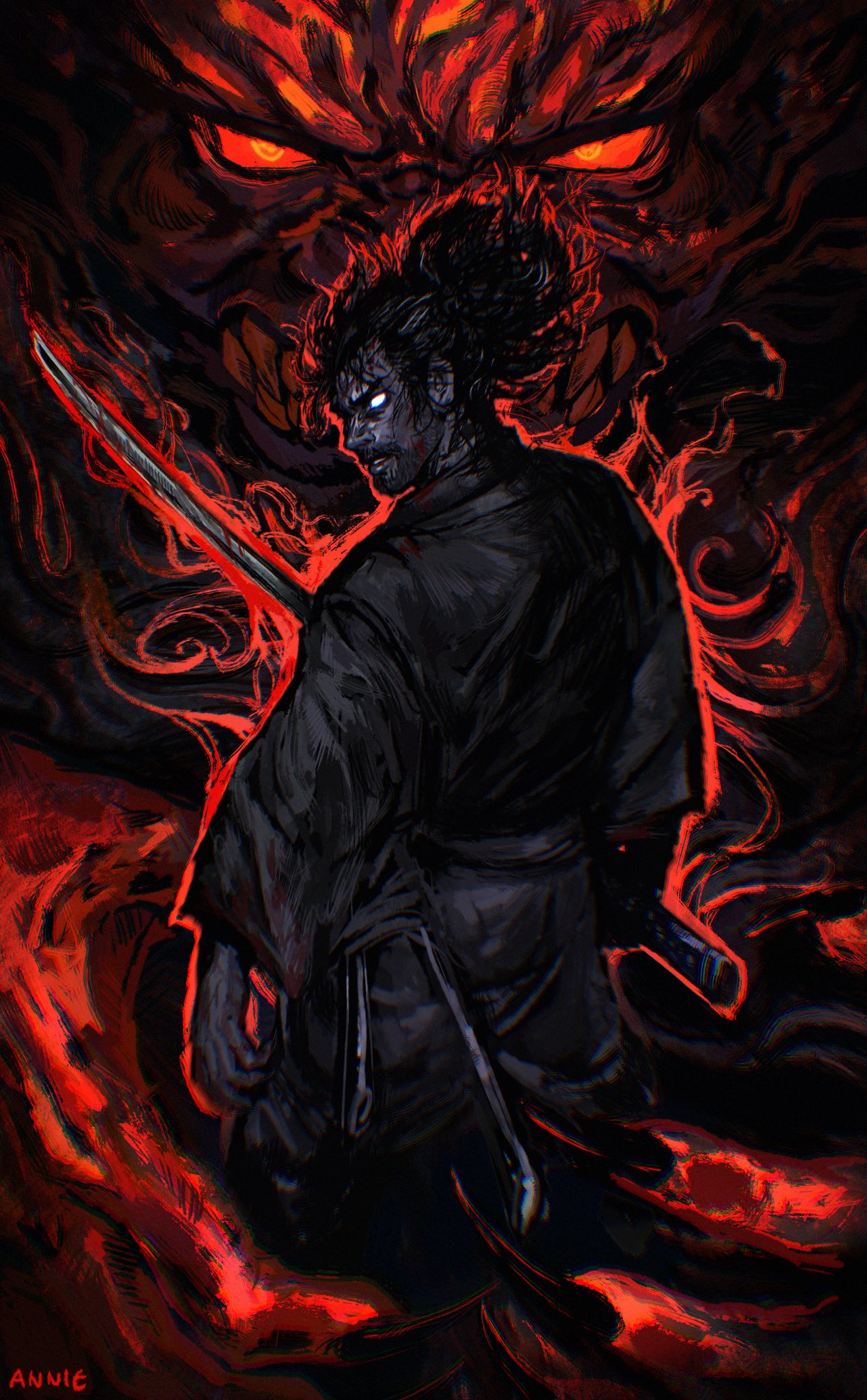 1boy, anniechromes, aura, beard, black_hair, black_kimono, blank_eyes, blood, blood_on_face, cowboy_shot, facial_hair, high_ponytail, highres, holding, holding_sword, holding_weapon, japanese_clothes, katana, kimono, long_sleeves, looking_at_viewer, male_focus, messy_hair, miyamoto_musashi_(vagabond), oni, parted_lips, profile, red_eyes, red_theme, scabbard, sheath, short_hair, solo, standing, sword, teeth, vagabond, weapon